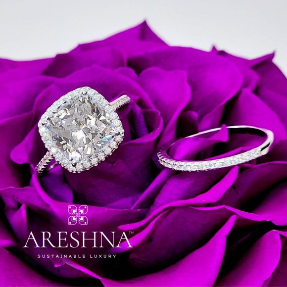 Areshna Jewelry - 5 Carat Cushion Cut Lab Created Diamond Engagement Ring Bridal Wedding Ring Set